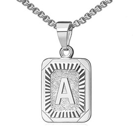 OIDEA Necklace with Letter A-Z, Silver Gold, Charm, for Men/Women, A-Z Letter Pendant, Rectangle Dog Tag Chain, Stainless Steel Wheat Chain, Jewellery Gift for Men and Women, Stainless Steel