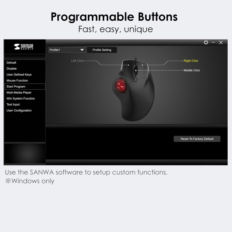 SANWA Wired Ergonomic Trackball Mouse, Optical Rollerball Mice, Programmable Silent