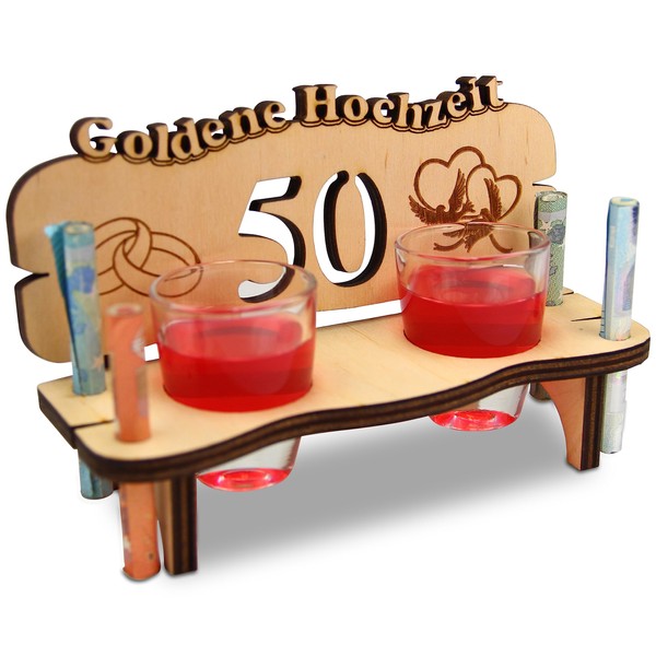 Urhome Wedding Shot Bench Made of Wood and 2 Shot Glasses - 50th Wedding Anniversary for Golden Wedding - Wedding Bench with Glasses for Anniversary - Wedding Gift for Bride and Groom