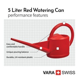 Consolidated Plastics Durable Swiss Watering Can with UV Protection, Ergonomic Handle for Indoor/Outdoor Gardening, Made in Switzerland (5 Liter, Red)
