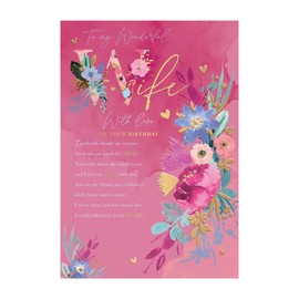 Words and Wishes Wife Birthday Card, Pink Floral Design, Rose Gold Foil, 23 cm x 16 cm