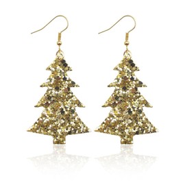Christmas Glitter Faux Leather Drop Dangle Earrings Christmas Tree Snowflake Elk Glitter Leaf Layered Teardrop Earrings for Women Jewelry Christmas Costumes Accessories-gold tree