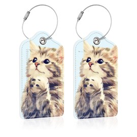 iapodiad 2 Pack Luggage Tag for Suitcase,Cute Cat PU Leather Suitcase Tags Identifiers with Privacy Name Address Labels and Steel Loop for Women Men Travel