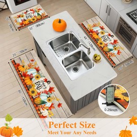 HEBE Fall Kitchen Rugs Sets of 3, Non Slip Buffalo Plaid Pumpkin Kitchen Rugs and Mats, Washable Kitchen Mats for Floor, Autumn Kitchen Runner Floor Carpet for Thanksgiving Holiday Decor