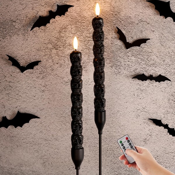 Girimax Black Skull Halloween Flameless Taper Candles with Remote, Flickering