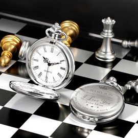 TREEWETO Pocket Watch to My Son | Mother and Son - Graduation Gifts for Him - Engraved “to My Son Love Mom” Pocket Watches - for Son from Mom for Christmas, Valentines Day, Birthday, Silver