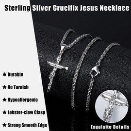 Besteel Sterling Silver Crucifix Necklace for Men Women - Men's Silver Crucifix Pendant Necklace with Stainless Steel Rope Chain Catholic Baptism Jesus Cross Necklace Jewelry 24 Inches