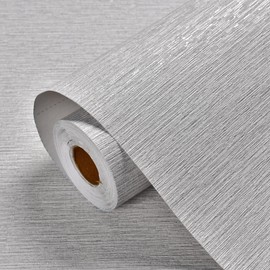 Haimin Grasscloth Wallpaper Peel and Stick 20.9in X 393in Fabric Contact Paper Wall Paper Textured Wallpaper Horizontal Stripes Look Self-Adhesive Thick Vinyl Embossed（Grey White with Pink and Purple）