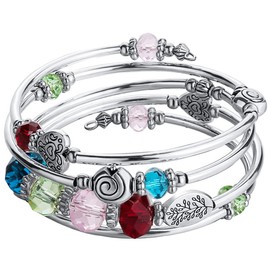 BULINLIN Crystal Beads Layered Bangle Bracelet, Silver Plated Metal Wrap Bracelet with Pearl, Jewellery Gifts for Women Ladies Friends（Colorful）