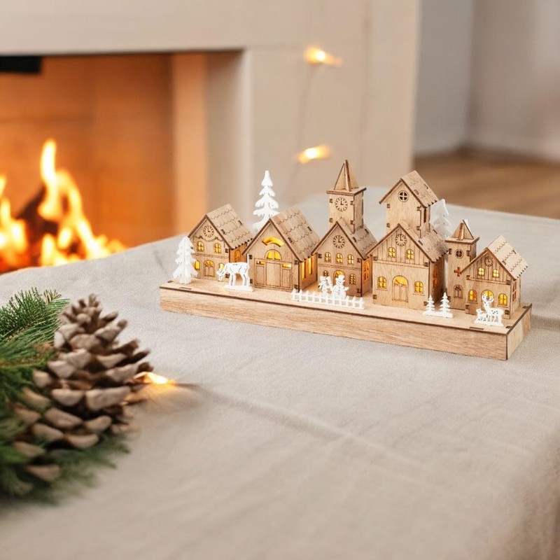 Lumineo LED Wood Village Center Scene, 5.3" Tall, Warm White