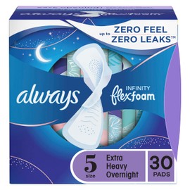 Always Infinity Feminine Pads for Women, Size 5 Extra Heavy Overnight, with wings, unscented, 30 ct