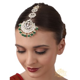 Premium Quality Indian Bollywood Green Kundan Beaded Maang Tikka Head Chain Ethnic Fashion Bridal Wedding Jewelry Hair Accessories - Gift Packaging