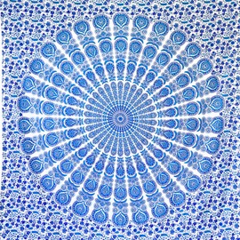 MOMOMUS Mandala Tapestry, Indian Wall Art, Aesthetic, Boho Wall Towel or Fabric Wall Hanging, White and Blue, 210 x 230 cm