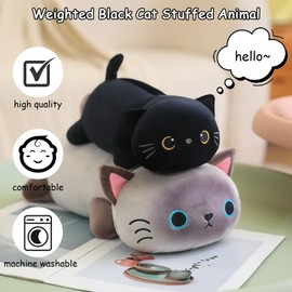 SQEQE Weighted Black Cat Plush, Weighted Black Cat Stuffed Animal for Anxiety, Cute Black Cat Plushies Soft Black Cat Pillow Toy Gift for Kids Adults 13.8 Inch, 1.6 lbs