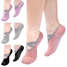 bssmmai 4 Pairs Pilates Yoga Socks, Non-Slip Women's Yoga Socks 35-38/39-42, Yoga Socks with Cross Straps, Non-Slip Socks for 100% Stability and Comfort (Black, Grey, Pink and Purple), Black, grey,