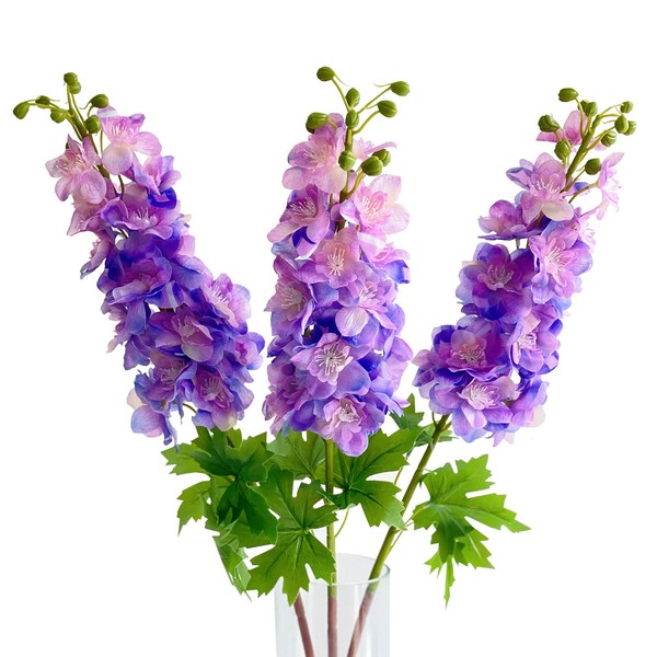 YalzoneMet 3pcs Purple Delphinium Artificial Flower 31.5'' Long Stem Fake