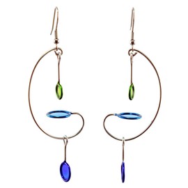 Kinetic Sculpture Inspired Stainless Steel Art Earrings, 3" Mini Mobiles in Blue/Green, Made in USA