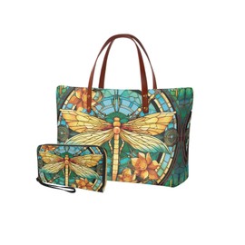 Salabomia Dragonfly Print Womens Handbag with Matching Wallet Large Shoulder Tote Bag Top Handle Purse PU Leather Clutch Purse Polyester Satchel Handbag for Work Party Shopping, Green