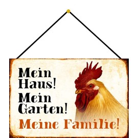Metal Sign 20 x 30 cm with Cord Chicken Rooster My House Garden My Family Sayings Tin Sign