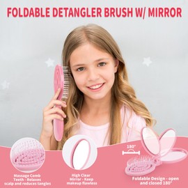 Girls Hair Accessories Kit - Detangling Brush with Mirror, 6 Scrunchies, 2 Satin Bonnets, 3 Headbands, Makeup Bag, Pink - Cute Hair Set for Girl Gifts