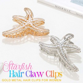 BARTOSI Starfish Hair Claw Clips Gold Metal Hair Clips Large Sea star Claw Clips Pearl Hair Jaw Clamps Hair Accessories for Women and Girls (Pack of 2)