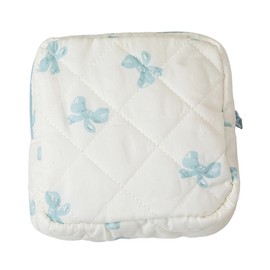 Lyssiatina Mini Quilted Makeup Bag for Purse，Small Quilted Cosmetic Pouch with Compartments，Cute Travel Toiletry Essentials for Women（Blue Bow）