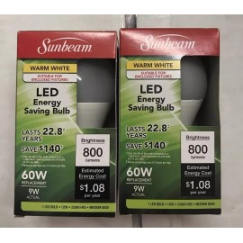 SUNBEAM 2 Pack Sunbeam LED Bulb Warm White A19 Medium Base E26 60W Equivalent 800 Lumens