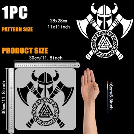 FINGERINSPIRE Viking Warrior Rune Axe Stencil 11.8x11.8Inch Viking Themes Stencils with a Paint Brush Horned Helmet Painting Stencils Reusable Axe Pattern Stencil Rune Drawing Stencil for Wall Fabric
