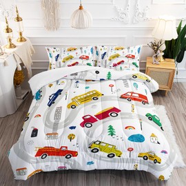 AILONEN Cartoon Car Comforter Set Twin Size, Construction Bedding Equipment Truck Comforter Set,Kids Bed in a Bag Cartoon Truck Comforter Set 3 Pieces, 1 Quilt and 2 Pillowcases
