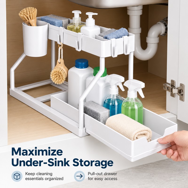 2-Tier Pull-Out Under Sink Organizer - Space-Saving Kitchen & Bathroom