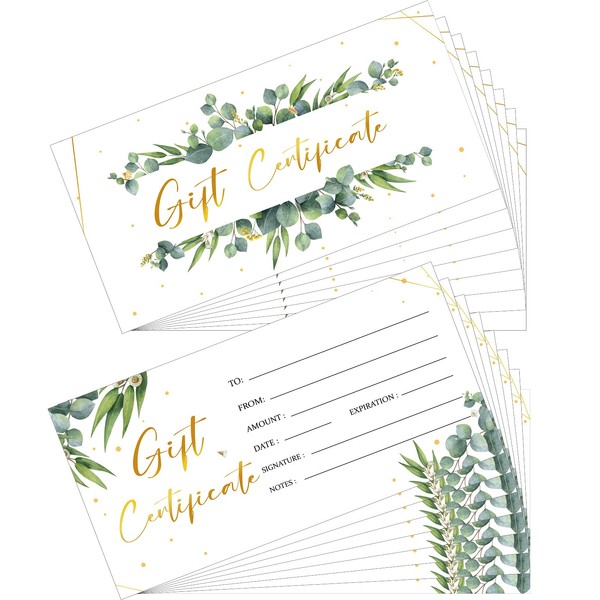 100 Pieces Blank Certificate for Business Green Plant Gold Foil Certificate Present Postcard Business Customer Card Double-Sided Client Voucher Card for Shop Salon Restaurant, 4.8 x 2.4 Inch
