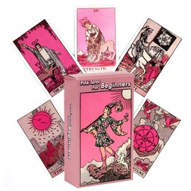 JAWUZ 78 Tarot Cards, Tarot Rider for Beginners, Divination Toy, Holographic Tarot Cards, Fate Fortune Telling Card (Pink), a