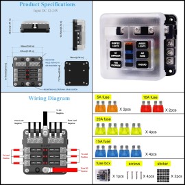 WUPP Waterproof Boat Fuse Panel 12-24V - Marine Fuse Block w/ LED Warning