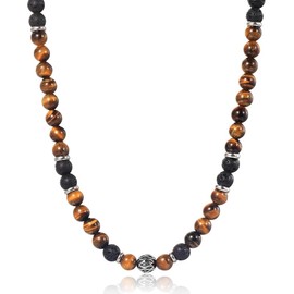 Tiger Eyes and Vocanic Stone Beads Rosary Blessed Necklace,Faith Medal Rosary Pendant