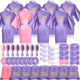 Coume 48 Pcs Women Birthday Robe Birthday Queen Squad Robe Sunglasses Scrunchie Headbands Comb Bag for Spa Party(Pink, Light Purple)
