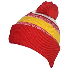 Best Winter Hats Quality Variegated Stripe Solid Cuff Beanie W/Large Pom - Red/Gold