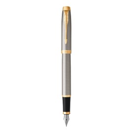 Parker IM Premium Fountain Pen | Brushed Metal with Gold Trims | Fine Nib | Black Ink | Gift Boxed