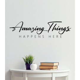 Amazing Things Happens Here Wall Decal | 27" x 7" | Black Matte | Office Wall Decor - Inspirational Office quotes - Home Office Decor - School hallway Wall Art, Modern Church, Waiting room Vinyl Wall Decor