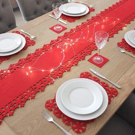 9pce Red Felt Christmas Table Linen Set - Including 2m Snowflake Table Runner, Snowflake Placemats & Coasters