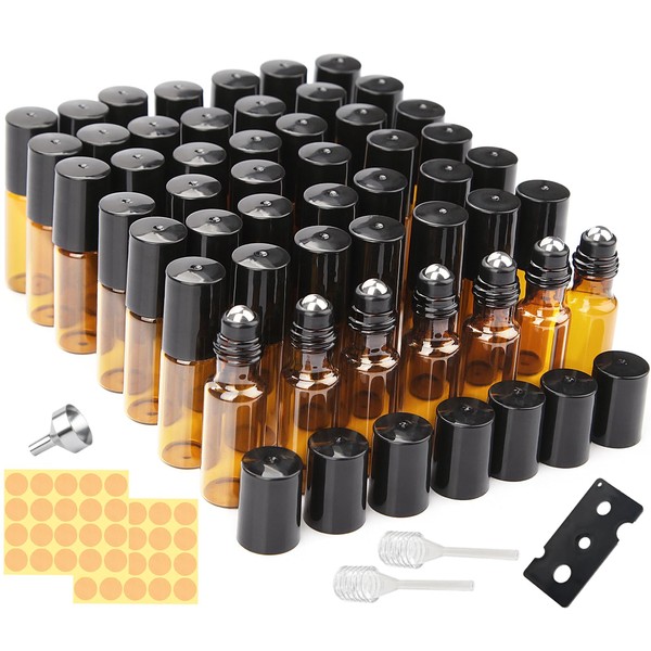 PuretéavHom Roll on Glass Bottles for Essential Oil 48 Pieces 5 ml Essential Oils Roll on 5 ml Empty with Stainless Steel Roller Balls for Perfumes