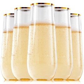 FOCUSLINE 24 Pack 9 Oz Plastic Stemless Gold Rim Champagne Flutes, Heavy Duty, Shatterproof, Disposable & Reusable Crystal Clear Toasting Glasses
