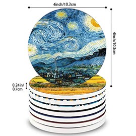 Heideryafei 4 Inch Round Marble Coasters, Van Gogh Art Painting Style Beverage Coasters with Storage Rack 8-Piece Set