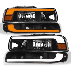 TLAPS 7422437170102 Compatible With 1999-2002 Chevy Silverado / 2000-2006 Suburban Tahoe Switchback Sequential LED Strip Bar Black Housing Headlights With Signal Bumper Lamps Amber Reflector 4-Pieces