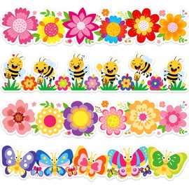 FYSUIMU 60 Pcs Spring Floral Bulletin Board Borders Cartoon Flower Bee Butterfly Self-Adhesive Border Trim Sticker Decals for Home Classroom Party Wall Decoration