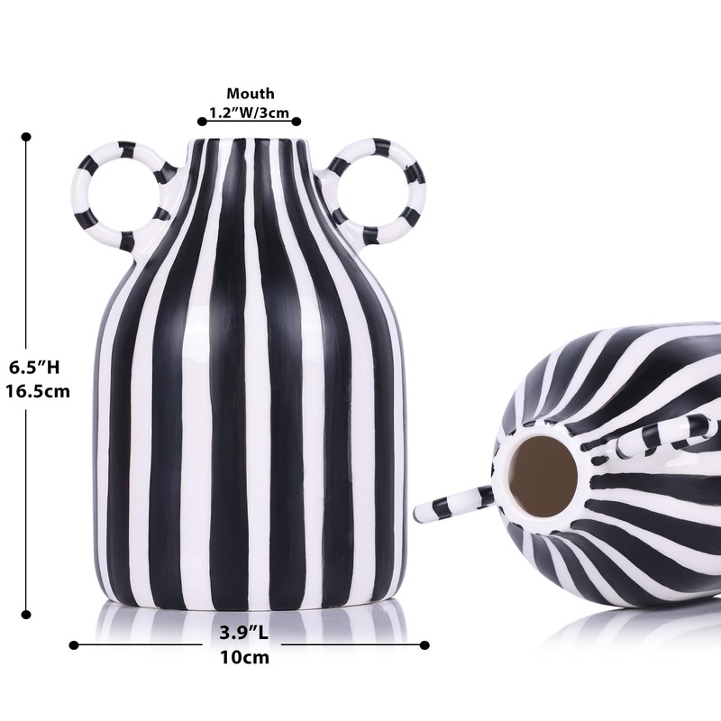 oliruim Black and White Striped Ceramic Vase with Double Ring