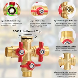 Garden Hose Splitter 3 Way, Heavy Duty 3-Way Brass Valve Garden Hose Splitter With Stainless Steel Long Handle, Full Flow Hose Splitter Connector, Valve 3/4 Inch GHT Thread