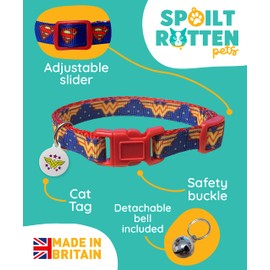 Spoilt Rotten Pets Wonder Cat Superhero Cat Collar & Matching Do Not Feed Microchip Tag UK Made Bell & Safety Buckle