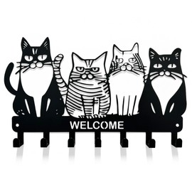 Key Holder for Wall, 11.88'' x 7'' Black Metal Cat Shape Decoration Key Hook Wall Mount Key Rack Hanger Storage Organizer with 7 Hooks for Home Doors Entryway Kitchen Garage Decor