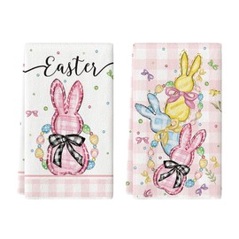 Artoid Mode Pink Buffalo Plaid Bunny Easter Kitchen Towels Dish Towels, 18x26 Inch Spring Farmhouse Bow Decoration Hand Towels Set of 2