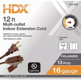 HDX 12 ft. 16/2 Light Duty Indoor Extension Cord, Indoor Use, Brown, 3-outlet NEW